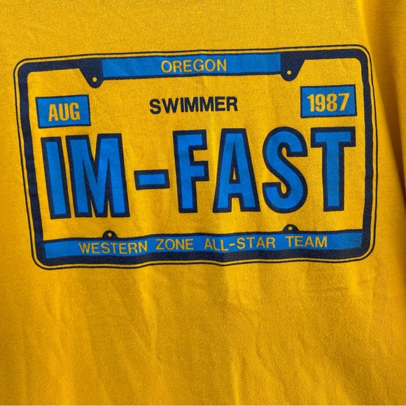 Vintage 1987 yellow t-shirt, Im Fast, swim team, size Large - Picture 4 of 9